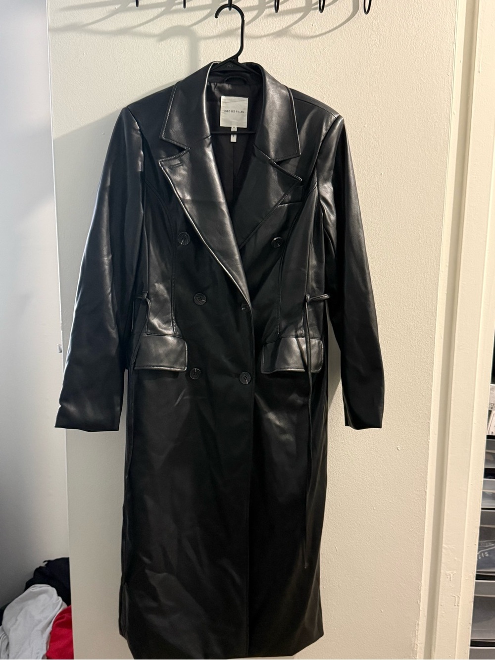 Avec Les Filles Black Faux Leather Double-Breasted Trench Coat